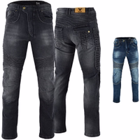 BULLDT Herren-Motorradjeans Vorder und Rückansicht der BULLDT Herren Motorradjeans Schwarz aus atmungsaktivem Denim mit Hüft und Knieschonern für täglichen Komfort und zuverlässigen Schutz beim Fahren jetzt online kaufen