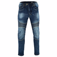BULLDT Herren-Motorradjeans Vorderansicht der BULLDT Herren Motorradjeans Blau mit Stretch Denim, Reißverschluss, Knopfverschluss und Protektoren für Hüfte und Knie die Sicherheit und Komfort bieten jetzt kaufen