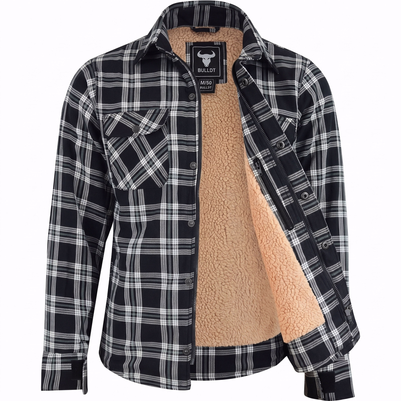 Men's winter jacket Lined flannel shirt Red inner view of BULLDT men’s fleece-lined lumberjack shirt. Soft fluffy cotton flannel interior, breathable fabric, and warm winter outdoor work shirt construction.