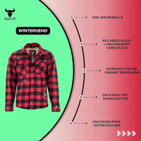 Red back view of BULLDT men’s flannel lumberjack shirt. Cotton fleece-lined shirt with warm breathable fabric, durable outdoor winter design, and heavy-duty workwear fit.Red back view of BULLDT men’s flannel lumberjack shirt. Cotton fleece-lined shirt with