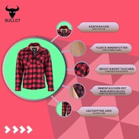 Red features view of BULLDT men’s flannel lumberjack shirt. Warm cotton fleece-lined shirt with adjustable cuffs, zipper closure, breathable fabric, and ergonomic design.