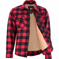 Red inner view of BULLDT men’s fleece-lined lumberjack shirt. Soft fluffy cotton flannel interior, breathable fabric, and warm winter outdoor work shirt construction.