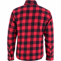 Red front view of BULLDT men’s cotton fleece-lined lumberjack shirt. Heavy-duty men’s flannel shirt with zipper and snap buttons, breathable design, and warm outdoor wear.