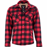 Red side view of BULLDT men’s flannel lumberjack shirt. Cotton fleece-lined design with breathable fabric, heavy-duty warmth, and ergonomic fit for outdoor winter wear.