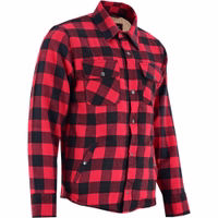 Red features view of BULLDT men’s lumberjack shirt. Heavy-duty cotton flannel with fleece lining, six pockets, zipper and snap buttons, breathable moisture-absorbing fabric.