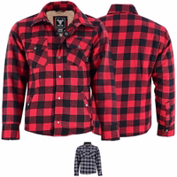 Red front and back view of BULLDT men’s cotton fleece-lined lumberjack shirt. Heavy-duty flannel shirt with zipper, snap buttons, breathable fabric, and warm workwear design.