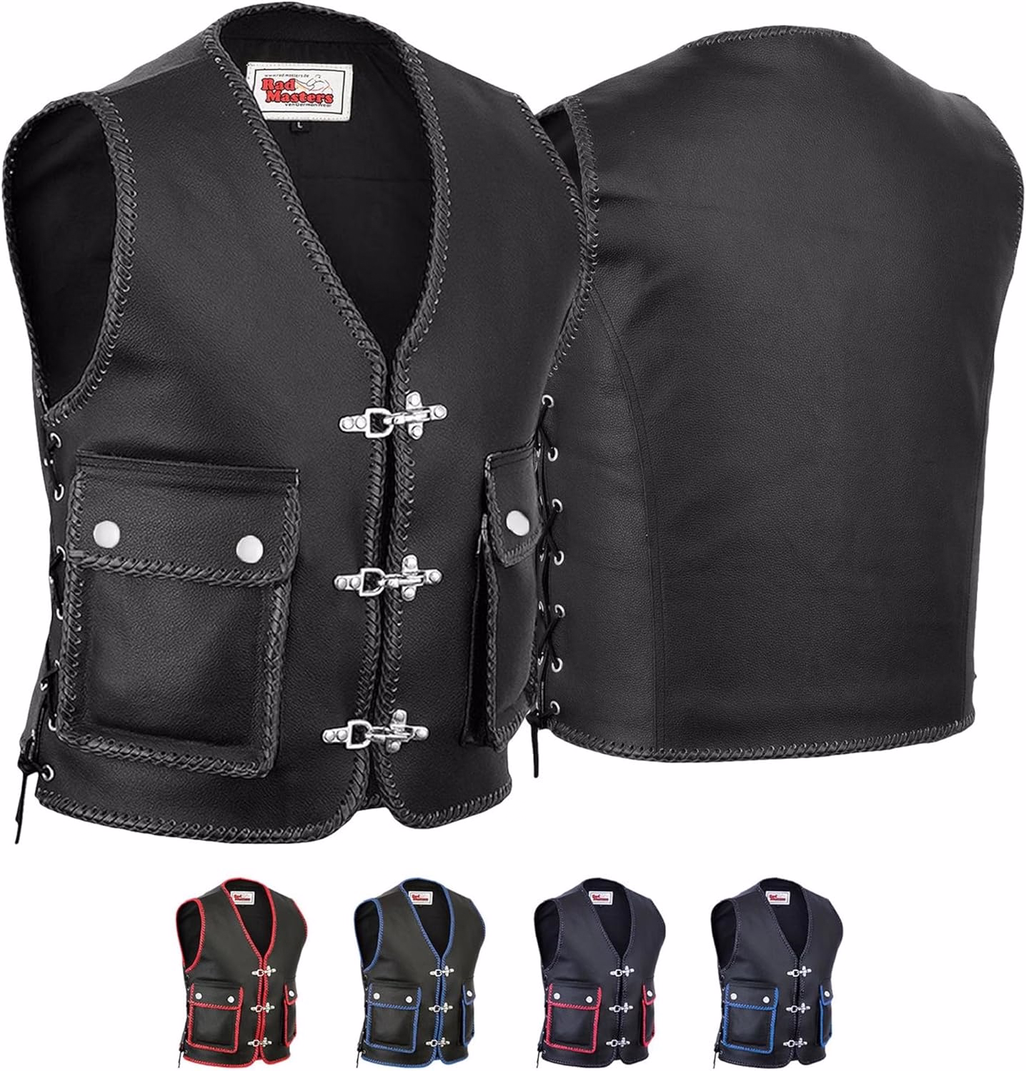 Herren Motorradweste aus schwarzem Leder Vorder- und Rückansicht der Herren-Motorradweste aus schwarzem Leder – Radmaster Bikerweste aus schwarzem Rindsleder mit handgeflochtenen Details, hochwertigem Karabiner-Verschluss und mehreren Taschen. Motorrad-Lederweste jetzt kaufen.