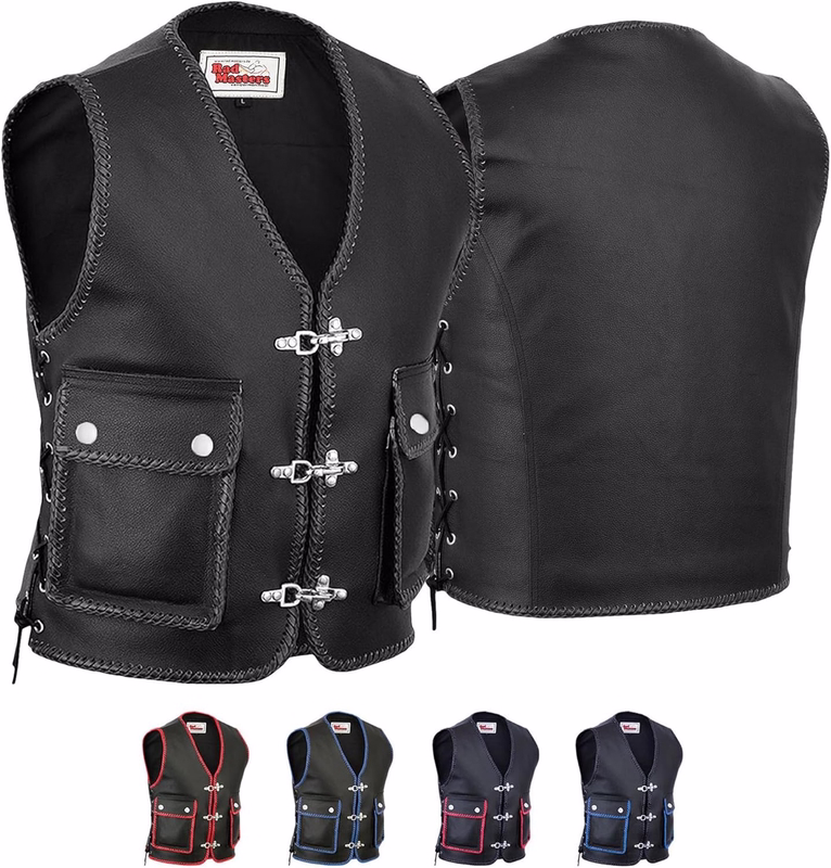 Herren Motorradweste aus schwarzem Leder Vorder- und Rückansicht der Herren-Motorradweste aus schwarzem Leder – Radmaster Bikerweste aus schwarzem Rindsleder mit handgeflochtenen Details, hochwertigem Karabiner-Verschluss und mehreren Taschen. Motorrad-Lederweste jetzt kaufen.