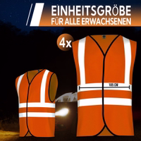 OMKA Sicherheitsweste, 4er-Pack Neonorange Sicherheitswesten im 4er-Set mit Hinweis auf Einheitsgröße für Erwachsene (bis 105 cm).
