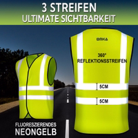OMKA Sicherheitsweste, 4er-Pack Neongelbe Warnwesten mit Reflexstreifen und den Texten „3 Streifen“ und „360° Reflektionsstreifen“