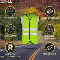 OMKA Sicherheitsweste, 4er-Pack Neongrün Sicherheitsweste mit reflektierenden Streifen sowie Hinweisen auf Waschbarkeit, Atmungsaktivität und hohen Tragekomfort