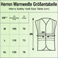 OMKA Sicherheitsweste, 4er-Pack Herren Warnweste Größentabelle in cm für M, L, XL. (A) Brustumfang: 105, 115, 125 cm. (B) Länge: 70, 73, 76 cm. Sicherheitsweste