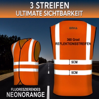 OMKA Sicherheitsweste, 4er-Pack Neonorange Warnwesten mit Reflexstreifen und den Texten „3 Streifen“ und „360° Reflektionsstreifen“
