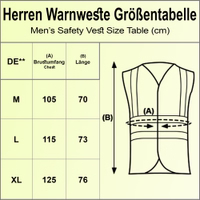 OMKA Sicherheitsweste, 4er-Pack Herren Warnweste Größentabelle in cm für M, L, XL. (A) Brustumfang: 105, 115, 125 cm. (B) Länge: 70, 73, 76 cm. Sicherheitsweste