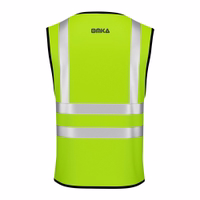 OMKA Sicherheitsweste, 4er-Pack Neongrün Sicherheitswesten mit reflektierenden silbernen Streifen und OMKA-Logo, von hinten dargestellt.