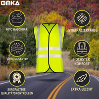 OMKA Sicherheitsweste, 4er-Pack Neongelbe Sicherheitsweste mit reflektierenden Streifen sowie Hinweisen auf Waschbarkeit, Atmungsaktivität und hohen Tragekomfort