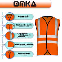 OMKA Sicherheitsweste, 4er-Pack Sicherheitsweste mit V-Ausschnitt, 5 cm breiten reflektierenden Streifen, elastischem Material sowie Angaben zu Weichheit, Komfort und Atmungsaktivität