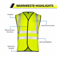 OMKA Sicherheitsweste, 4er-Pack Neongelbe ärmellose Sicherheitswesten mit Klettverschluss, elastischem Material, 360°-Reflektor und Hinweis auf Maschinenwaschbarkeit