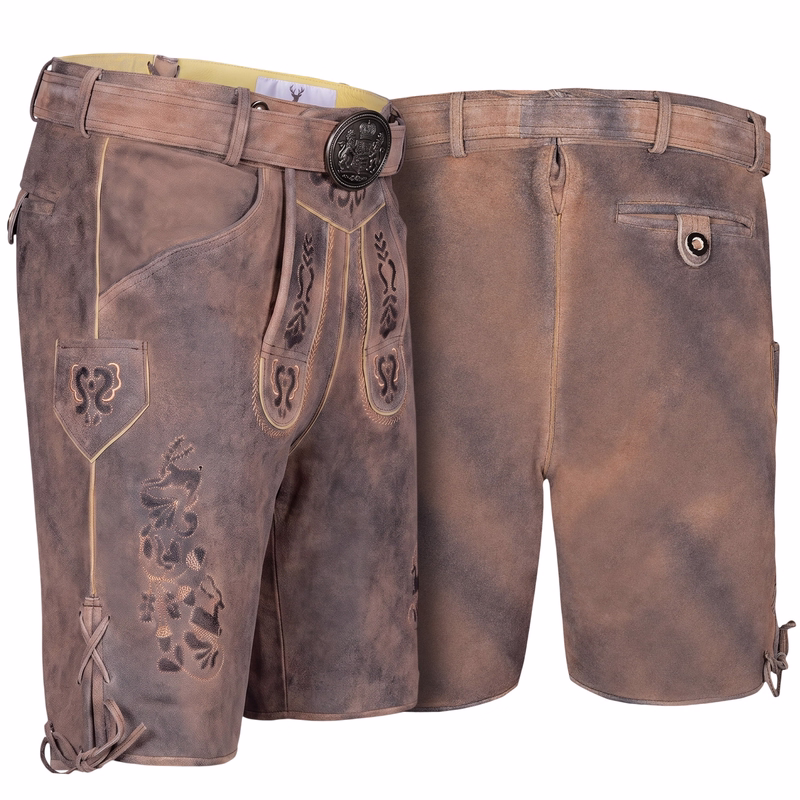 Bayerische Herrenlederhose mit traditionellem Gürtel Vorder- und Rückansicht einer antik kastanienbraunen bayerischen Lederhose aus echtem Nappaveloursleder mit passendem Gürtel, Handstickerei, Messertasche und hochwertiger deutscher Handwerkskunst für das Oktoberfest, Hochzeiten und Volksfeste.