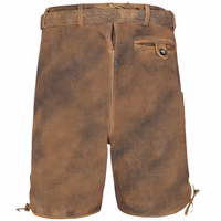 Bayerische Herrenlederhose mit traditionellem Gürtel Rückansicht einer antik kastanienbraunen bayerischen Lederhose aus echtem Veloursleder mit maßgeschneidertem Schnitt, hochwertiger Lederstruktur und authentischem bayerischem Design – perfekt für das Oktoberfest, Hochzeiten und Volksfeste.