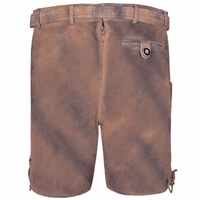 Bayerische Herrenlederhose mit traditionellem Gürtel Rückansicht einer antikbraunen bayerischen Lederhose, handgefertigt aus echtem Veloursleder, mit maßgeschneidertem Schnitt, hochwertiger Lederstruktur und traditionellem Design – perfekt für das Oktoberfest, Volksfeste und kulturelle Veranstaltungen.