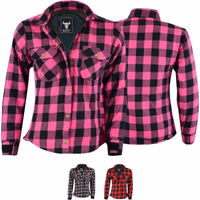 Damen-Motorradshirt im Lumberjack-Stil in Pink, Vorder- und Rückansicht, BLD1200. Sorgfältig aus Baumwolle mit Polyester-Innenfutter gefertigt, mit Schulter-, Ellenbogen- und Rückenprotektoren, erhältlich in 2 Grundfarben.