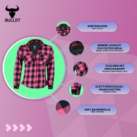Pinkes Damen-Motorradshirt aus strapazierfähiger Baumwolle mit Mesh-Futter. Ausgestattet mit Rücken-, Schulter- und Ellenbogenprotektoren, Druckknopftaschen und Klettbündchen für einen sicheren, bequemen Sitz.