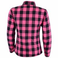 Damen-Motorradshirt im Lumberjack-Stil in Pink, Rückansicht, BLD1200. Mit Reiß- und Knopfverschlüssen sowie Schulter-, Ellenbogen- und Rückenprotektoren, sorgfältig aus Baumwolle mit Polyester-Innenfutter gefertigt.