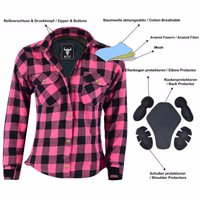 Damen-Motorradshirt im Lumberjack-Stil in Pink, Vorderansicht, BLD1200. Mit Schulter-, Ellenbogen- und Rückenprotektoren, durchgehend mit Reißverschluss und Druckknöpfen schließbar.