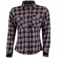 Damen-Motorradshirt im Lumberjack-Stil in Weinrot, Vorderansicht, BLD1200. Mit Schulter-, Ellenbogen- und Rückenprotektoren. Die beiden oberen Brusttaschen sind jeweils mit einem Knopf verschließbar.