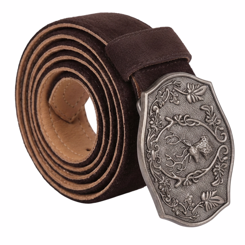 Herren Traditioneller Schwarzer Ledergürtel Aufgerollter schwarzer Trachtengürtel aus Leder mit einer großen, verzierten Metallschnalle mit Hirsch-Motiv.