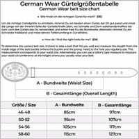 Herren Traditioneller Dunkelbraun Ledergürtel Größentabelle für Herrengürtel mit Taillengrößen von 85 cm bis 115 cm und Gesamtlängen von 97 cm bis 127 cm.