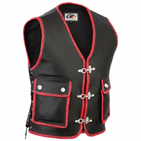 Men’s Motorcycle Leather Vest Front view of red Motorcycle Leather Vest – Front view of red genuine leather biker vest with hand braided detailing secure carabiner closure and spacious pockets for long rides buy red motorcycle vest now