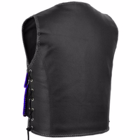 Men’s Motorcycle Leather Vest Back view of blue Motorcycle Leather Vest – Back view of blue cowhide leather biker vest with quality stitching smooth finish and durable construction built for style and performance shop blue motorcycle vest now
