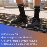 3er-Pack weiße Arbeitssocken Weiche Komfortsocken Nahaufnahme einer schwarzen Arbeitssocke, Text 'Arbeits Socken' wiederholt sichtbar, Socke flach liegend