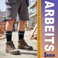 3er-Pack weiße Arbeitssocken Weiche Komfortsocken Verpackung mit schwarzer Arbeitssocke, Socke gefaltet, Text auf Etikett sichtbar
