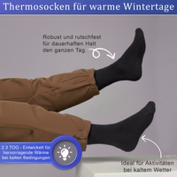 6er-Pack ISOSocken, extra warme Winter-Thermosocken in Schwarz für Herren Damen Nahaufnahme einer Thermosocke, Socke flach liegend, Oberfläche sichtbar, deutscher Text vorhanden