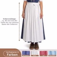 Dirndl apron, approx. 90 cm long from waist to hem. Text at the bottom: “Available colors”: Dark blue, white, red, sky blue.