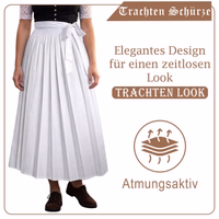 Lange Dirndl-Schürze: Traditionelle bayerische Baumwollschürze Trachten Schürze: Elegantes Design für einen zeitlosen Look, TRACHTEN LOOK. Unten Icon mit Text „Atmungsaktiv“.