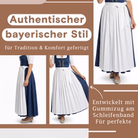 Lange Dirndl-Schürze: Traditionelle bayerische Baumwollschürze Authentischer bayerischer Stil“. Drei Ansichten eines Dirndls mit Text zu Gummizug am Schleifenband.