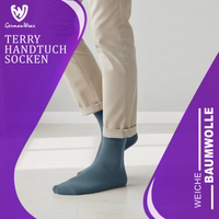 GermanWear label on terry socks, packaging partially visible, German text readable