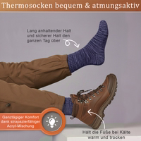 Thermo-Wintersocken im 3er-Pack, atmungsaktiv, bequem, strapazierfähig, blau Thermosocke flach liegend, Zehen- und Fersenbereich sichtbar, deutscher Text vorhanden