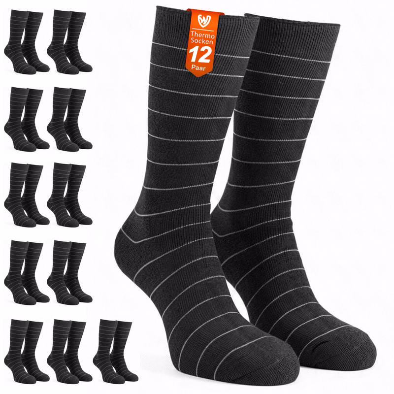 12er-Pack 2.0 TOG isolierte Winter-Thermosocken, Schwarz– für den Outdoor-Einsatz 12-Paar Thermosocken in Verpackung, Aufschrift 'Thermosocken 3 Paar 2,0 TOG-Wert' sichtbar