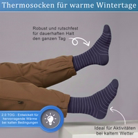 12er-Pack 2.0 TOG isolierte Winter-Thermosocken, Blau– für den Outdoor-Einsatz Verpackung von Thermosocken mit deutschem Text zu 2,0 TOG-Wert