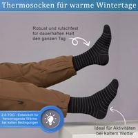 Packaging of thermal socks with German text indicating 2.0 TOG rating