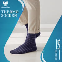 12er-Pack 2.0 TOG isolierte Winter-Thermosocken, Blau– für den Outdoor-Einsatz GermanWear-Label auf Thermosocken, Produktverpackung teilweise sichtbar