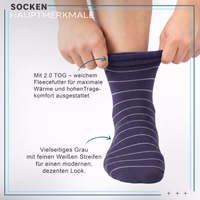 12er-Pack 2.0 TOG isolierte Winter-Thermosocken, Blau– für den Outdoor-Einsatz Thermosocke mit grau-weißen Streifen, flach liegend, Plüschstruktur sichtbar