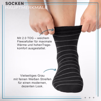 12er-Pack 2.0 TOG isolierte Winter-Thermosocken, Schwarz– für den Outdoor-Einsatz Thermosocke mit grau-weißen Streifen, flach liegend, Plüschstruktur sichtbar