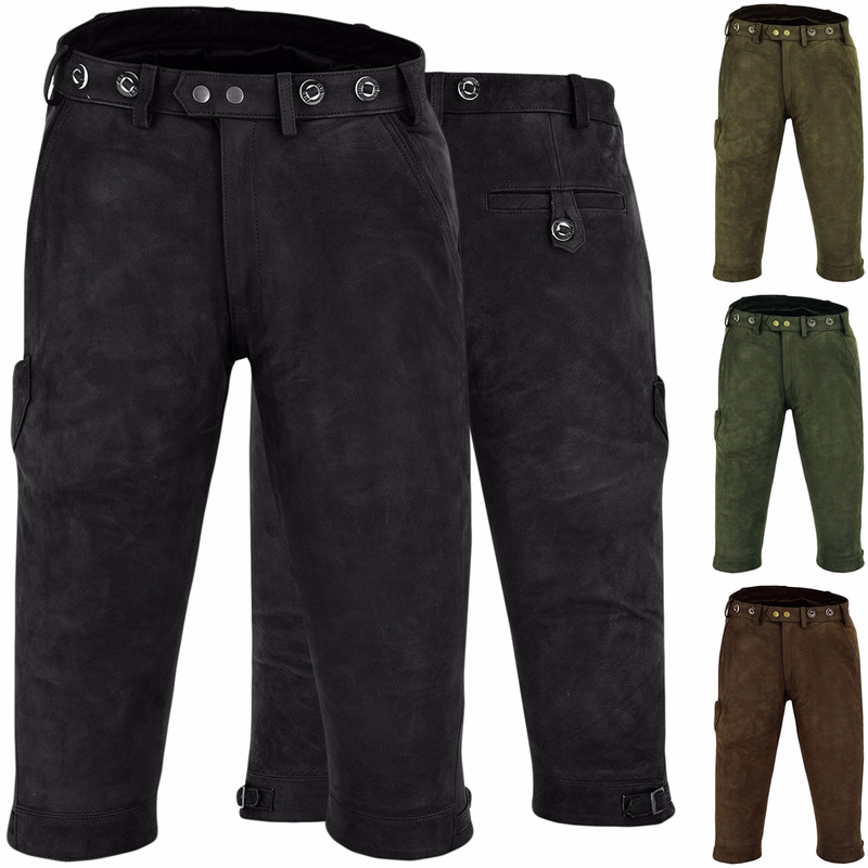 Lederhosen in verschiedenen Farben Front- und Rückansicht klassischer schwarzer Lederhosen mit Gürtelschlaufen, Seitentaschen und Messertasche. Die Hosen sind knielang, mit Polyesterfutter versehen und verfügen über verstellbare Schnallen an den Knien.