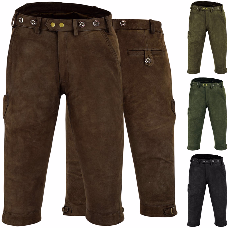 Lederhosen in verschiedenen Farben Front- und Rückansicht klassischer schwarzer Lederhosen mit Gürtelschlaufen, Seitentaschen und Messertasche. Die Hosen sind knielang, mit Polyesterfutter versehen und verfügen über verstellbare Schnallen an den Knien.